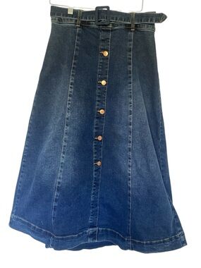 Classic Dark Blue Denim Button-Front Belted A-Line Skirt